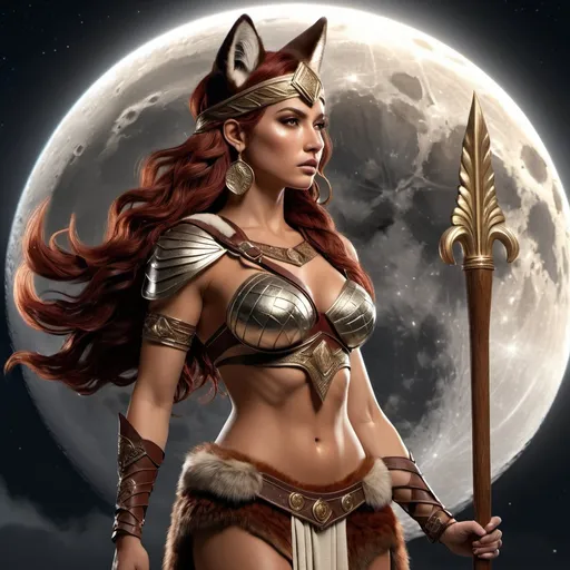 Prompt: HD 4k 3D, hyper realistic, professional modeling, ethereal Greek Goddess of the hunt and the moon, dark red hair, tan skin, gorgeous face, animal pelt armor and boots, barbarian brown jewelry and headband, full body, wooden spear, full moon, red fox companion, detailed, elegant, ethereal, mythical, Greek, goddess, surreal lighting, majestic, goddesslike aura