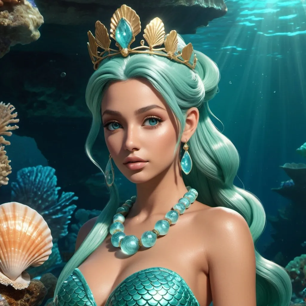 Prompt: HD 4k 3D, hyper realistic, professional modeling, ethereal Greek Goddess and Sea Nymph, seafoam green ponytail hair, tan skin, gorgeous face, beautiful mermaid, aquamarine jewelry and seashell crown, full body divine glow, sea nymph, Mediterranean ocean grotto , mermaid, detailed, elegant, ethereal, mythical, Greek, goddess, surreal lighting, majestic, goddesslike aura