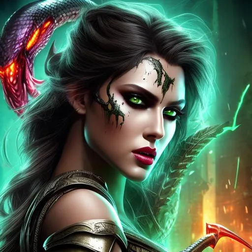 Prompt: HD 4k 3D 8k professional modeling photo hyper realistic beautiful woman ethereal greek fury of anger and madness
dark green snakes for hair dark eyes mixed skin gorgeous face fierce greek warrior blood splatter dress gothic jewelry large bat wings surrounded by ambient glow hd landscape background trojan war
