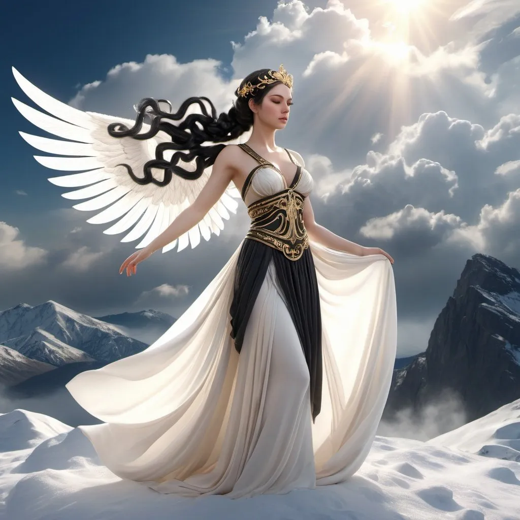 Prompt: HD 4k 3D, hyper realistic, professional modeling, ethereal Greek Goddess of Cold Mountain Winds, black pigtails hair, pale skin, gorgeous face, billowing gown and wings, marble jewelry and tiara, full body, flying through clouds, snow capped mountains, wind goddess, surrounded by divine glow, detailed, elegant, ethereal, mythical, Greek, goddess, surreal lighting, majestic, goddesslike aura