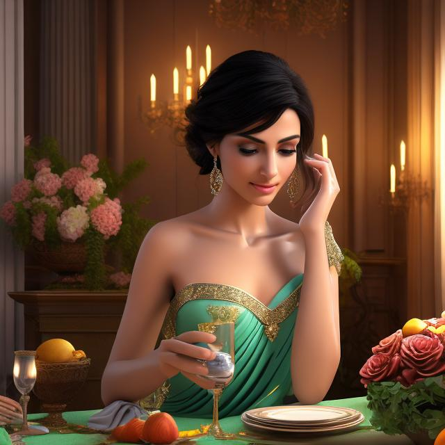 Prompt: HD 4k 3D 8k professional modeling photo hyper realistic beautiful woman ethereal greek goddess of poverty
short black hair dark green eyes gorgeous face brown skint thin body simple dress modest jewelry full body surrounded by ambient glow hd landscape background she is attending a beautiful banquet to beg 
