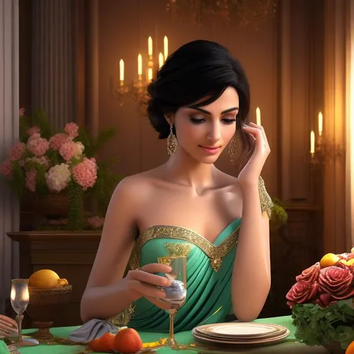 Prompt: HD 4k 3D 8k professional modeling photo hyper realistic beautiful woman ethereal greek goddess of poverty
short black hair dark green eyes gorgeous face brown skint thin body simple dress modest jewelry full body surrounded by ambient glow hd landscape background she is attending a beautiful banquet to beg 
