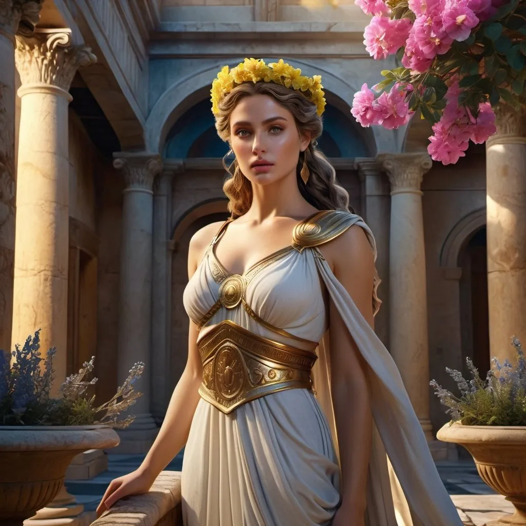 Prompt: HD 4k 3D 8k professional modeling photo hyper realistic beautiful woman Roman Princess ethereal greek goddess gorgeous face full body surrounded by ambient glow, enchanted, magical, detailed, highly realistic woman, high fantasy background, Ancient Roman courtyard colorful florals, elegant, mythical, surreal lighting, majestic, goddesslike aura, Annie Leibovitz style 

