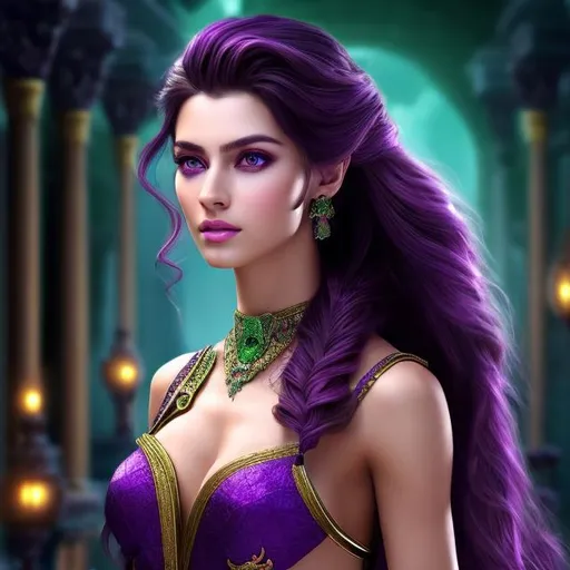 Prompt: HD 4k 3D 8k professional modeling photo hyper realistic beautiful woman ethereal greek goddess of discipline
dark purple hair in braid green eyes gorgeous face fair skin muscular body feminine armor jewelry and diadem full body surrounded by ambient glow hd landscape background she is guarding a temple
