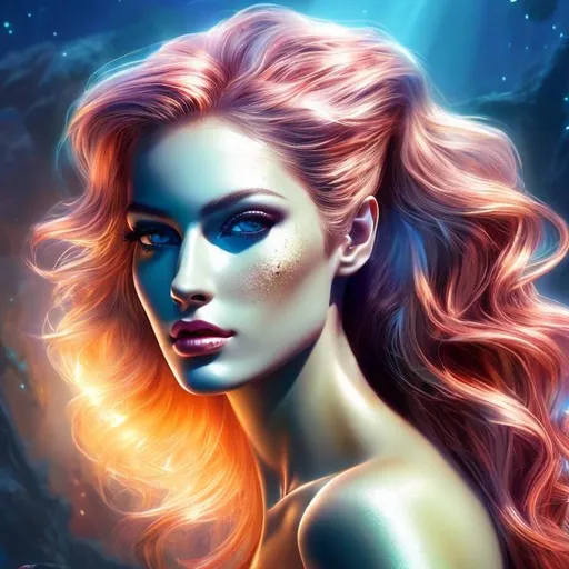 Prompt: HD 4k 3D 8k professional modeling photo hyper realistic beautiful woman ethereal greek goddess Australian aboriginal mermaid
silver ponytail hair dark freckled skin gorgeous face jewelry tiara colored mermaid tail full body surrounded by ambient glow hd landscape great barrier reef

