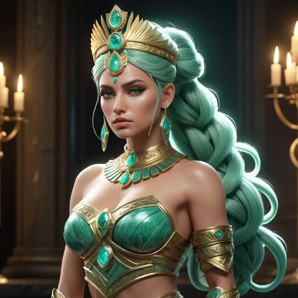 Prompt: HD 4k 3D, 8k, hyper realistic, professional modeling, ethereal Greek Goddess and Amazonian Warrior, green ponytail hair, ivory skin, gorgeous glowing face, Amazonian Warrior armor, apatiite jewelry and crown, Amazon warrior and hunter, full body, adorned with petunia flowers, strong, powerful, surrounded by ambient divine glow, detailed, elegant, mythical, surreal dramatic lighting, majestic, goddesslike aura