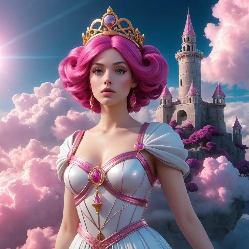 Prompt: HD 4k 3D, hyper realistic, professional modeling, enchanted magenta-haired Princess - Bubblegum, beautiful, magical, kind, castle in the clouds, detailed, elegant, ethereal, mythical, Greek goddess, surreal lighting, majestic, goddesslike aura