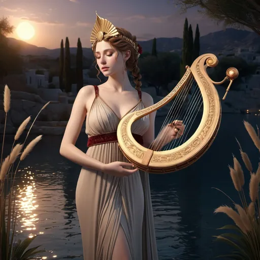 Prompt: HD 4k 3D, hyper realistic, professional modeling, ethereal Greek Muse of Upper Chord of the Lyre, light brown hair, pale skin, gorgeous face, grecian velvet dress, ruby jewelry and headpiece, full body, tall and lithe, playing music, cattails next to stream, twilight, detailed, elegant, ethereal, mythical, Greek, goddess, surreal lighting, majestic, goddesslike aura