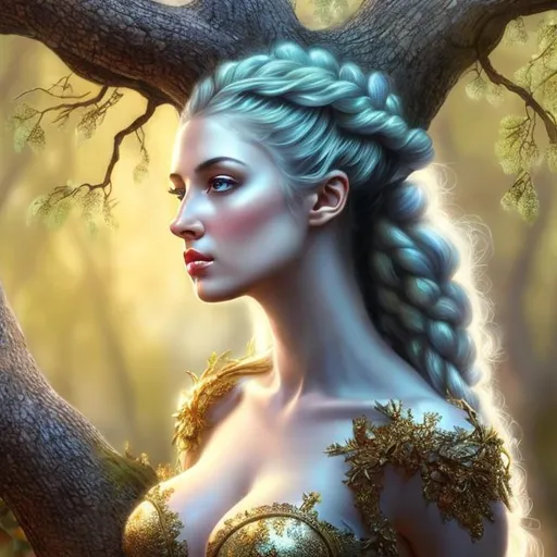 Prompt: HD 4k 3D, hyper realistic, professional modeling, ethereal  Greek goddess of elm trees, blue hair, mixed skin, gorgeous face, gorgeous tree dress, tree jewelry and elm crown, full body, ambient glow, elm tree nymph, landscape, detailed, elegant, ethereal, mythical, Greek, goddess, surreal lighting, majestic, goddesslike aura