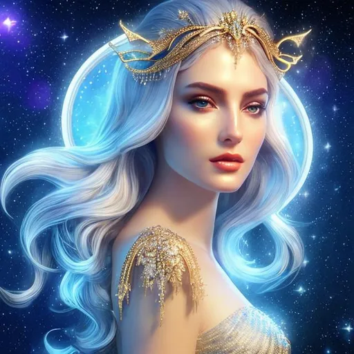 Prompt: HD 4k 3D, hyper realistic, professional modeling, ethereal Greek goddess of the stars, silver hair, pale skin, gorgeous face, gorgeous sparkling gown, sparkling jewelry and headpiece of stars, pixie wings, full body, ambient starlight glow,  background does with golden horns, dazzling light, landscape, detailed, elegant, ethereal, mythical, Greek, goddess, surreal lighting, majestic, goddesslike aura