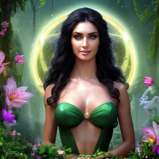 Prompt: HD 4k 3D 8k professional modeling photo hyper realistic beautiful woman ethereal greek goddess of blessed death
long black hair green eyes fair skin gorgeous face enchanting grecian dress beautiful jewelry spring crown full body surrounded by mystical ambient glow hd landscape underworld lush vibrant springtime altar festival
