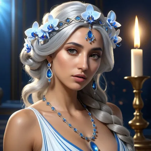Prompt: HD 4k 3D, 8k, hyper realistic, professional modeling, ethereal Greek Goddess and Cretan Princess, silver hair, mixed skin, gorgeous glowing face, blue and white dress, brown jewelry and diadem, bright and shining, orchids, Goddess of Love, surrounded by ambient divinity glow, detailed, elegant, mythical, surreal dramatic lighting, majestic, goddesslike aura