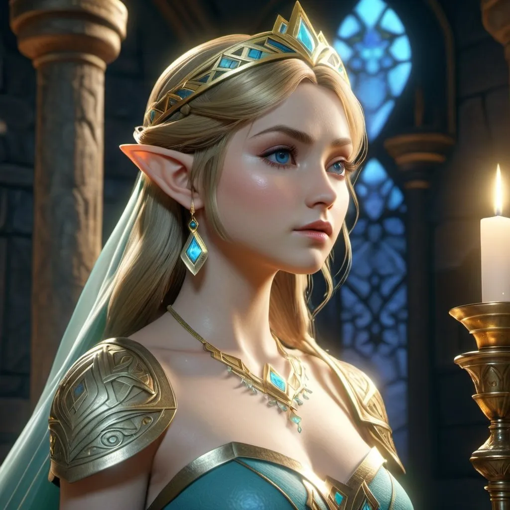 Prompt: HD 4k 3D, hyper realistic, professional modeling, enchanted Elf Princess - Zelda beautiful, magical, mystical castle, detailed, elegant, ethereal, mythical, Greek goddess, surreal lighting, majestic, goddesslike aura