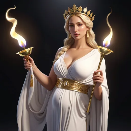 Prompt: HD 4k 3D, hyper realistic, professional modeling, ethereal Greek Goddess of childbirth, light blonde hair, brown skin, gorgeous face,  grecian robes, amethyst jewelry and diadem, holding a torch and baby, full body, midwife, peace lilies, caring, healing, detailed, elegant, ethereal, mythical, Greek, goddess, surreal lighting, majestic, goddesslike aura