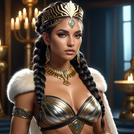 Prompt: HD 4k 3D, 8k, hyper realistic, professional modeling, ethereal Greek Goddess and Amazonian Queen, black crown braid hair, tan skin, gorgeous glowing face, Amazonian Warrior fur armor, silver jewelry and tiara, Amazon warrior, tattoos, full body, independent, Atlantis, paradise, surrounded by ambient divine glow, detailed, elegant, mythical, surreal dramatic lighting, majestic, goddesslike aura