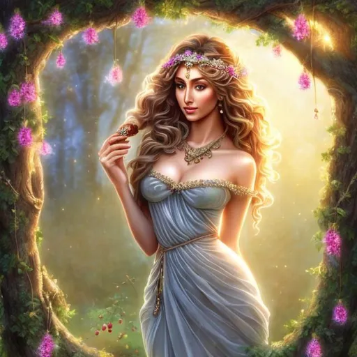 Prompt: HD 4k 3D, hyper realistic, professional modeling, ethereal mischievous Greek goddess of apple trees, light gray hair, mixed skin, gorgeous face, gorgeous tree inspired dress, rustic jewelry and tree headpiece, full body, ambient glow, fruit tree orchard, landscape, detailed, elegant, ethereal, mythical, Greek, goddess, surreal lighting, majestic, goddesslike aura