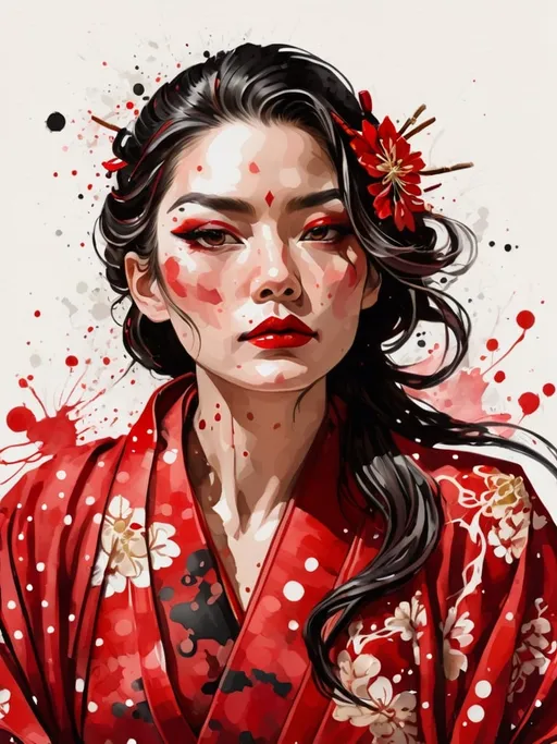 Prompt: digital watercolor painting, a woman wearing an intricate kimono, paint splatter, black and red, bold brush strokes, art nouveau