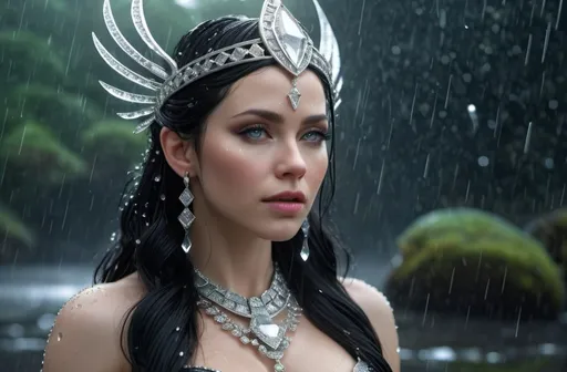 Prompt: Hnoss Norse Goddess of Jewels, hyper realistic, HD 4k 3D, professional modeling, ethereal, shiny black hair, pale skin, gorgeous face, gorgeous jewelry and headpiece of diamonds, standing in the rain, covered in diamonds, ambient glow, detailed, elegant, ethereal, mythical, goddess, radiant lighting, majestic, goddesslike aura, Norse Mythology