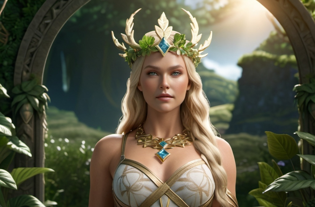 Prompt: Geror Norse Goddess of Earth,  hyper realistic, HD 4k 3D, professional modeling, ethereal, light blonde hair, tan skin, shimmering beauty, gorgeous face, gorgeous jewelry and earth crown, full body, surrounded flora and vegetation, ambient glow, landscape, detailed, elegant, ethereal, mythical, goddess, surreal lighting, majestic, goddesslike aura, Norse Mythology