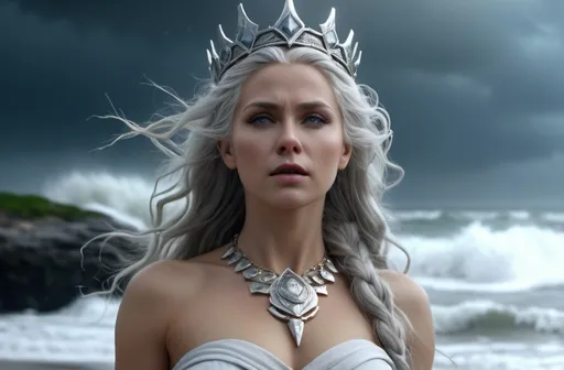 Prompt: Hludana Norse Goddess of violent winds, hyper realistic, HD 4k 3D, professional modeling, ethereal, light gray hair, white skin, gorgeous face, gorgeous jewelry and crown, on a beach in a storm, ambient glow, detailed, elegant, ethereal, mythical, goddess, moody lighting, majestic, goddesslike aura, Norse Mythology