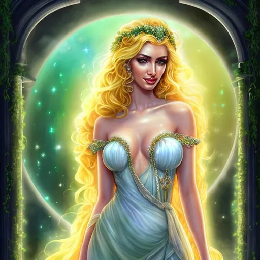 Prompt: HD 4k 3D, hyper realistic, professional modeling, ethereal Greek goddess of cures, yellow and green hair, dark freckled skin, alluring gown, gorgeous face, gemstone jewelry and tiara, full body, ambient glow, potion maker, working in greenhouse with potions, oils, and cures, detailed, elegant, ethereal, mythical, Greek, goddess, surreal lighting, majestic, goddesslike aura