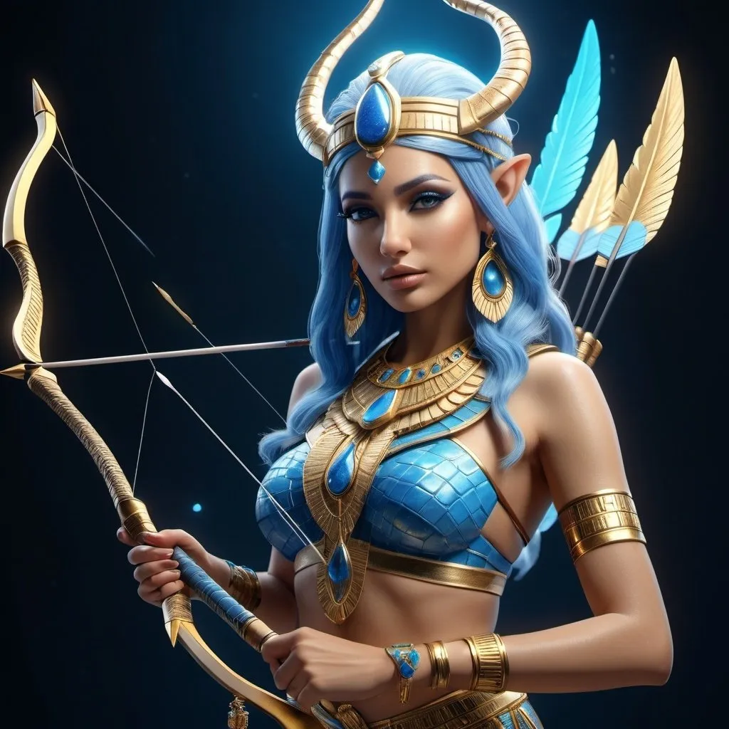 Prompt: HD 4k 3D, 8k, hyper realistic, professional modeling, ethereal Egyptian Goddess style, beautiful with bow and arrow, glowing fair skin, blue hair, mythical crocodile skin outfit and jewelry, tiara, full body, heavenly ruler of the cosmos, Fantasy setting, surrounded by ambient divine glow, detailed, elegant, surreal dramatic lighting, majestic, goddesslike aura, octane render, artistic and whimsical