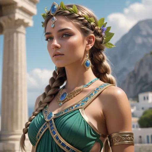 Prompt: HD 4k 3D, 8k, hyper realistic, professional modeling, ethereal Greek Goddess Fighter of Men, green double french braided hair, tan skin, gorgeous face, colorful Trojan dress, blue gemstone jewelry and diadem, Trojan Queen, Palace with bellflowers, powerful and proud, surrounded by ambient divine glow, detailed, elegant, ethereal, mythical, Greek, goddess, surreal lighting, majestic, goddesslike aura