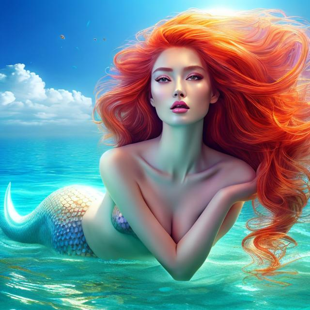 Prompt: HD 4k 3D 8k professional modeling photo hyper realistic beautiful woman ethereal greek goddess Asian sea nymph Oceanid
red hair pale skin gorgeous face ocean jewelry sea headband colored mermaid tail full body surrounded by ambient glow hd landscape under the pacific ocean mermaid 

