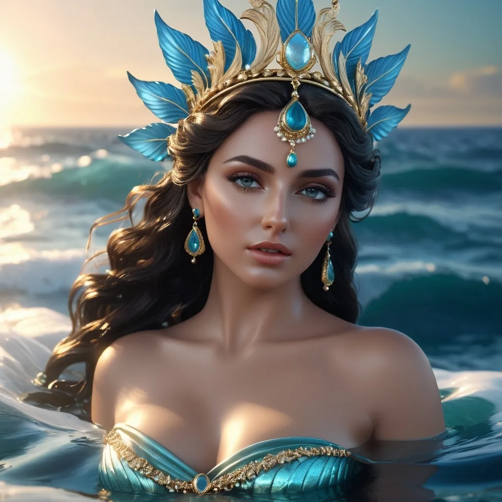 Prompt: Greek Siren/Water-Nymph Achelois 'she who drives away pain' hyper realistic, HD 4k 3D, professional modeling, ethereal, gorgeous face, Ocean and Greek jewelry and headpiece, ambient divine glow, detailed and intricate, elegant, ethereal, mythical, goddess, radiant lighting, majestic, goddesslike aura, she lives in the Ocean