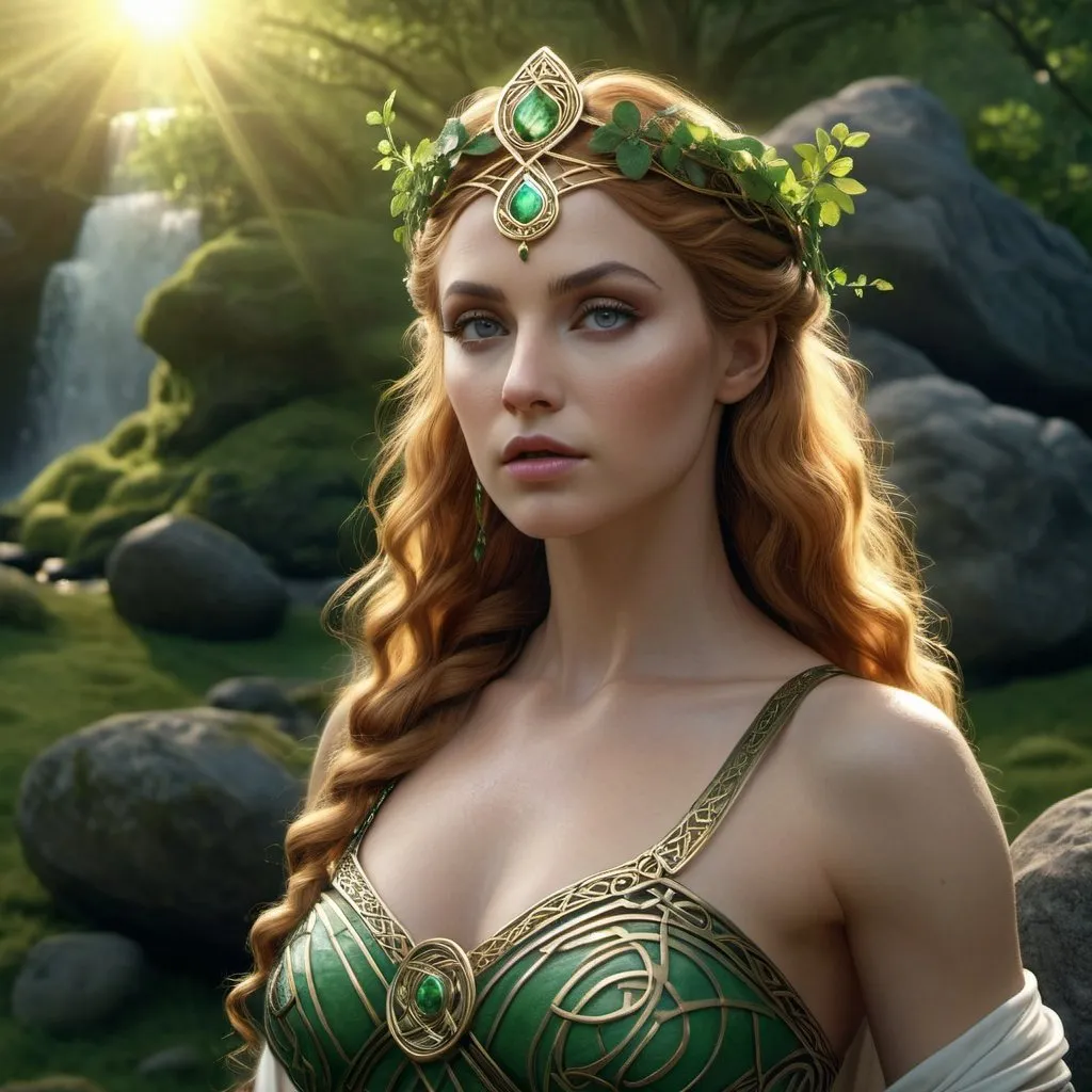 Prompt: HD 4k 3D, hyper realistic, professional modeling, enchanted Celtic goddess enchantress mythology Princess, beautiful, magical, detailed, highly realistic woman, high fantasy Celtic landscape, elegant, ethereal, mythical, Greek goddess, surreal lighting, majestic, goddesslike aura, Annie Leibovitz style 