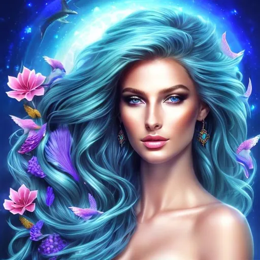 Prompt: HD 4k 3D 8k professional modeling photo hyper realistic beautiful woman ethereal greek goddess druid mermaid
cobalt blue hair olive skin gorgeous face  jewelry druid crown colored mermaid tail full body surrounded by ambient glow hd landscape under lush celtic waters

