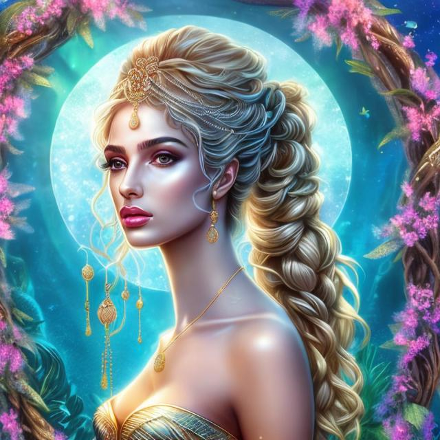 Prompt: HD 4k 3D, hyper realistic, professional modeling, ethereal Greek goddess of fresh water, pink bun hair, brown skin, gorgeous face, gorgeous mermaid, freshwater jewelry and laurel headpiece, full body, ambient glow, streams and brooks with laurel trees, mermaid, landscape, detailed, elegant, ethereal, mythical, Greek, goddess, surreal lighting, majestic, goddesslike aura