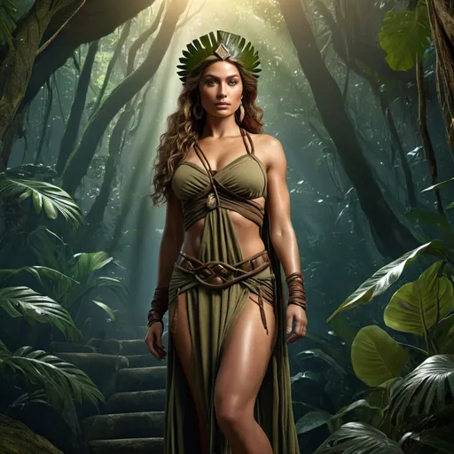 Prompt: HD 4k 3D 8k professional modeling photo hyper realistic beautiful woman enchanted, Jungle Princess Meriem,  daughter in law of Tarzan, with whom she afterwards lives in the jungle. She is beautiful, strong, athletic, brave, daring and kind. Hunter for survival instead of sport. Meriem is an example of the "Jungle Girl", in that she lives in the forest, dressed in fur, ethereal greek goddess, full body surrounded by ambient glow, magical, highly detailed, intricate, outdoor  landscape, high fantasy background, elegant, mythical, surreal lighting, majestic, goddesslike aura, Annie Leibovitz style 

