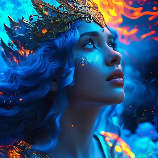 Prompt: Mefitis, blue haired Roman Goddess of Volcanoes, pre-Raphaelite time-lapse motion blur Abstract* cyber graffiti, High resolution, detailed portrait, Midjourney style, ethereal atmosphere, flowing hair, captivating eyes, cosmic mystical aura, vibrant colors, soft lighting, professional, digital painting, enchanting presence, fantasy, dreamy, female, mystical, detailed hair, captivating gaze, professional lighting, hyper realistic, HD 4k 3D, professional modeling, ethereal, gorgeous face, ambient divine glow, detailed and intricate, elegant, ethereal, mythical, goddess, radiant lighting, powerful symbols of volcanic lava and steam