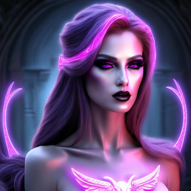 Prompt: HD 4k 3D 8k professional modeling photo hyper realistic beautiful evil demon woman ethereal greek messenger goddess  
dark pink hair fair skin gorgeous face black and gray dress goth jewelry goth headpiece full body surrounded by ambient mysterious glow hd landscape Tartarus Underworld 

