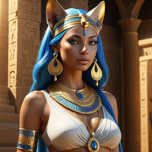 Prompt: HD 4k 3D, 8k, hyper realistic, professional modeling, ethereal Egyptian Sun Goddess Bastet, beautiful, glowing tan skin, blue hair, mythical clothing and jewelry, headband, catlike full body, cat companions, sunshine, surrounded by ambient divine glow, detailed, elegant, surreal dramatic lighting, majestic, goddesslike aura