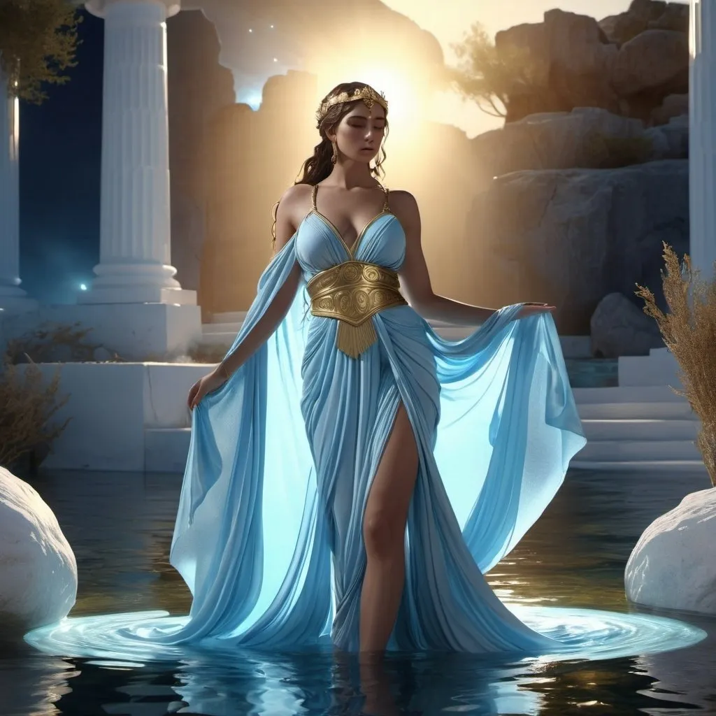 Prompt: HD 4k 3D, 8k, hyper realistic, professional modeling, ethereal Greek Danaids,gorgeous glowing, grecian gowns,  jewelry, nymphs, full body, carrying jugs of water from well, magical landscape, surrounded by ambient divine glow, detailed, elegant, mythical, surreal dramatic lighting, majestic, goddesslike aura