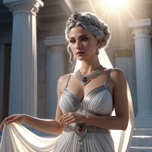 Prompt: HD 4k 3D, hyper realistic, professional modeling, ethereal Greek Goddess of Love Charms, light gray pulled back hair, white skin, gorgeous face,  grecian feminine gown, garnet jewelry and diadem, full body, enchantress, lovebirds, passionate, magic scenery, detailed, elegant, ethereal, mythical, Greek, goddess, surreal lighting, majestic, goddesslike aura