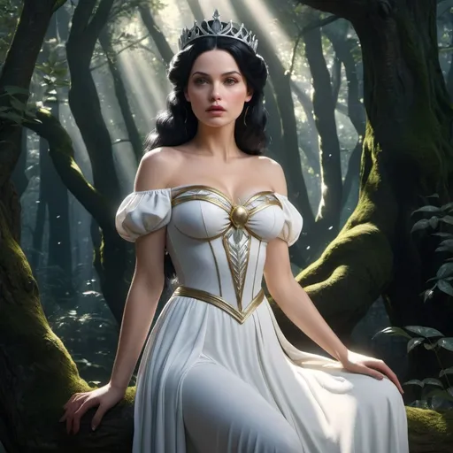 Prompt: HD 4k 3D, hyper realistic, professional modeling, enchanted German Princess - Snow White, black hair, beautiful, magical, beautiful forest, detailed, elegant, ethereal, mythical, Greek goddess, surreal lighting, majestic, goddesslike aura