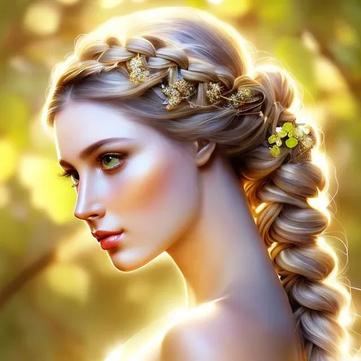 Prompt: HD 4k 3D, hyper realistic, professional modeling, ethereal Greek goddess of fruit trees, green french braided hair, pale skin, gorgeous face, gorgeous apple inspired dress, rustic jewelry and rustic crown, full body, ambient glow, apple tree nymph, landscape, detailed, elegant, ethereal, mythical, Greek, goddess, surreal lighting, majestic, goddesslike aura