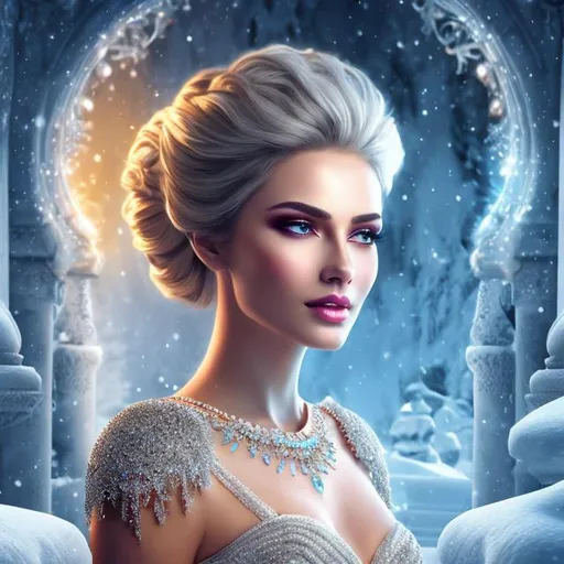 Prompt: HD 4k 3D 8k professional modeling photo hyper realistic beautiful woman ethereal greek goddess of true calling
white hair bun updo brown eyes gorgeous face mixed skin shimmering flowing winter dress ornate jewelry winter crown full body surrounded by ambient glow hd landscape background mystical winter wonderland in greek mountain ice cave
