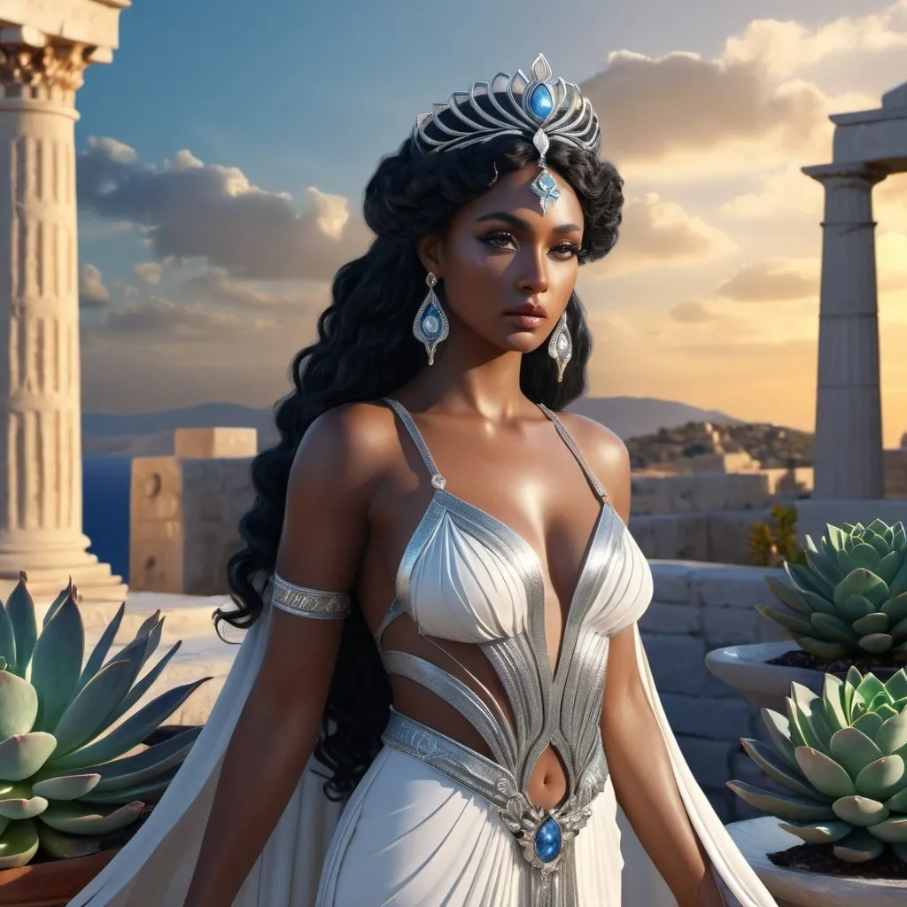 Prompt: HD 4k 3D, 8k, hyper realistic, professional modeling, ethereal Greek Goddess Helen of Troy, shining black hair, black skin, gorgeous glowing face, beautiful shining gown, silver gemstone jewelry and diadem, standing on the ramparts of Troy, swans and succulents, surrounded by ambient divinity glow, detailed, elegant, mythical, surreal dramatic lighting, majestic, goddesslike aura