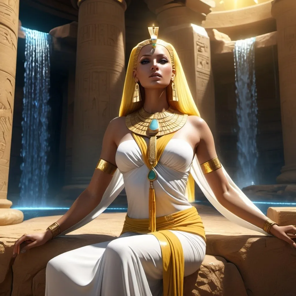 Prompt: HD 4k 3D, 8k, hyper realistic, professional modeling, ethereal Egyptian Goddess style, Puma Goddess, beautiful, waterfall oasis, glowing white skin, yellow hair, mythical gown, tiara, full body, Fantasy setting, surrounded by ambient divine glow, detailed, elegant, surreal dramatic lighting, majestic, goddesslike aura, octane render, artistic and whimsical