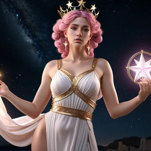 Prompt: HD 4k 3D, hyper realistic, professional modeling, ethereal Greek Goddess of Justice, pink hair, medium skin, gorgeous face, Greek dress, star jewelry and crown, full body, Virgo, starry night, innocence, purity, star-maiden, detailed, elegant, ethereal, mythical, Greek, goddess, surreal lighting, majestic, goddesslike aura