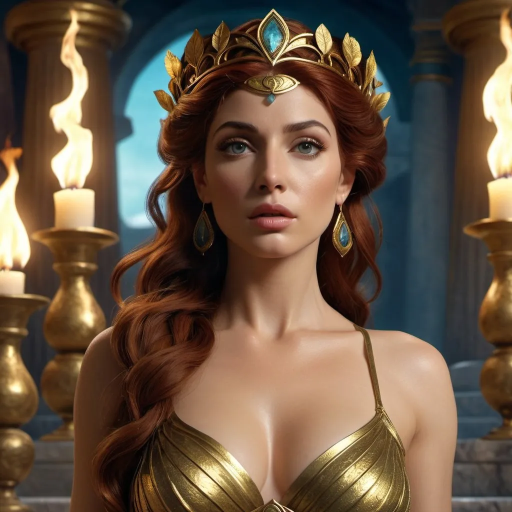 Prompt: HD 4k 3D, hyper realistic, professional modeling, enchanted Theban goddess mythology Princess - Megara, beautiful, magical, detailed, highly realistic woman, high fantasy background, Theban paradise, elegant, ethereal, mythical, Greek goddess, surreal lighting, majestic, goddesslike aura, Annie Leibovitz style 