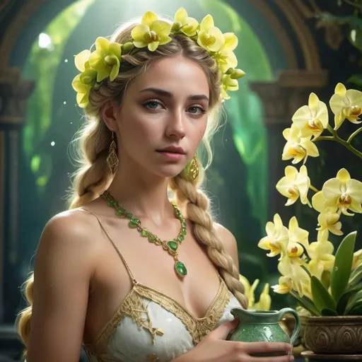 Prompt: HD 4k 3D, 8k, hyper realistic, professional modeling, ethereal Greek Goddess the Blameless, yellow french braided hair, medium skin, gorgeous face, bohemian lace gown, green gemstone jewelry and tiara, holding water pitcher, magical well, green orchids and flowers, surrounded by ambient divine glow, detailed, elegant, ethereal, mythical, Greek, goddess, surreal lighting, majestic, goddesslike aura