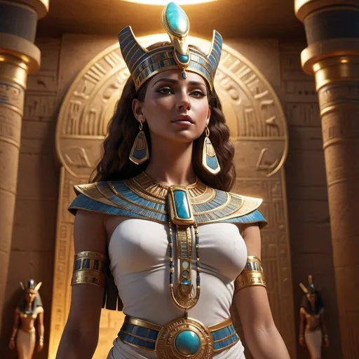 Prompt: HD 4k 3D, 8k, hyper realistic, professional modeling, ethereal Egyptian Queen Goddess Hathor, beautiful, glowing medium skin, brown hair, mythical clothing and jewelry, diadem, Goddess of the Sky, full body, powerful and vengeful, Fantasy setting, surrounded by ambient divine glow, detailed, elegant, surreal dramatic lighting, majestic, goddesslike aura, octane render