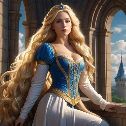 Prompt: HD 4k 3D, hyper realistic, professional modeling, enchanted modern German Princess - Rapper hip hop style Rapunzel, maiden in tower, long blonde hair, beautiful, magical, high fantasy background, detailed, highly realistic woman, elegant, ethereal, mythical, Greek goddess, surreal lighting, majestic, goddesslike aura, Annie Leibovitz style 