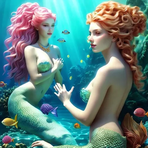 Prompt: HD 4k 3D 8k professional modeling photo hyper realistic beautiful group of women ethereal greek goddesses sea nymphs mermaids
gorgeous faces coral  jewelry coral headpieces white and gold mermaid tails and top full body surrounded by ambient glow hd landscape under the sea
