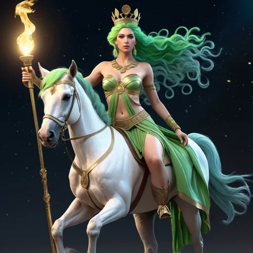 Prompt: HD 4k 3D, hyper realistic, professional modeling, ethereal Greek Goddess of Crossroads, bright green hair, mixed skin, gorgeous face,  grecian gown, lapiz jewelry and crown, holding a torch riding a horse, full body, crossroads at night, dog companion, protector, detailed, elegant, ethereal, mythical, Greek, goddess, surreal lighting, majestic, goddesslike aura